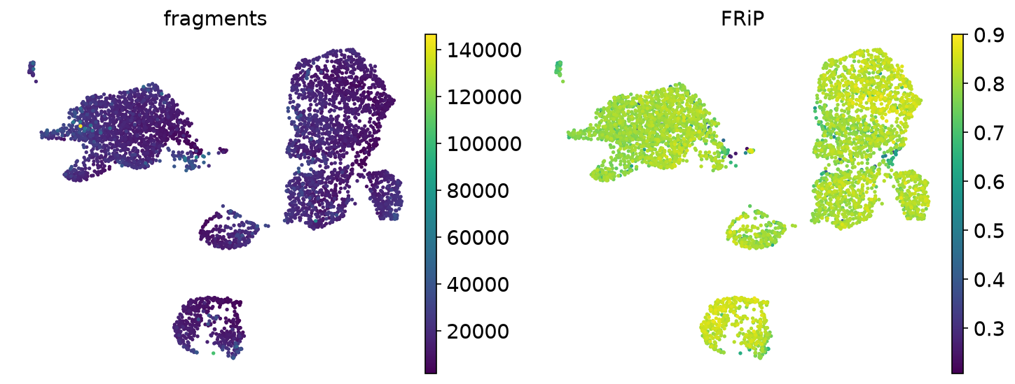 Fragments and FRiP projected on the UMAP